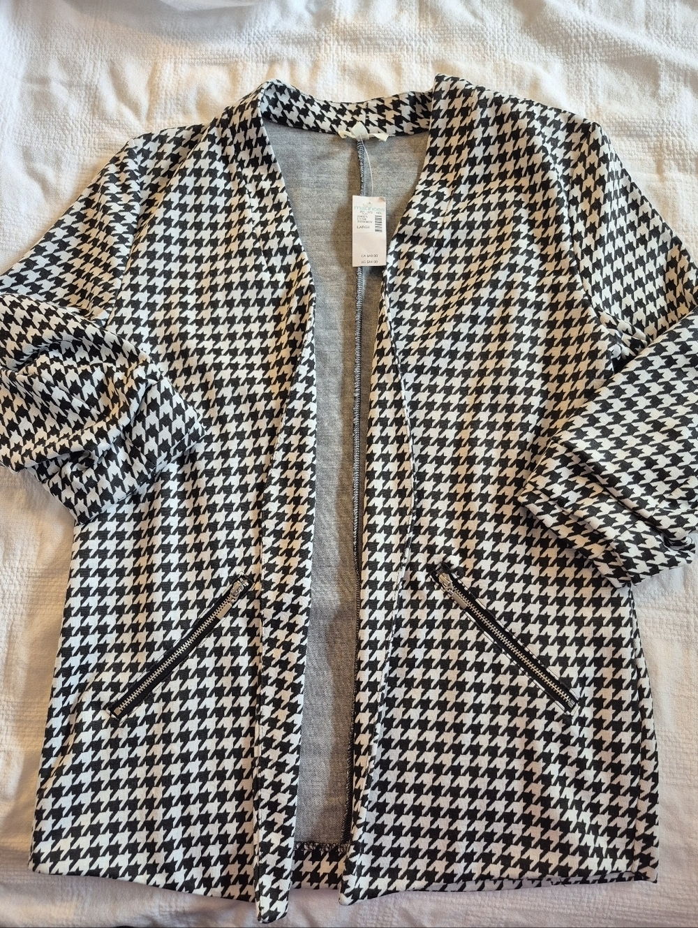 Maurices women's size Large black & white hounds tooth 3/4 sleeve open jacket NW